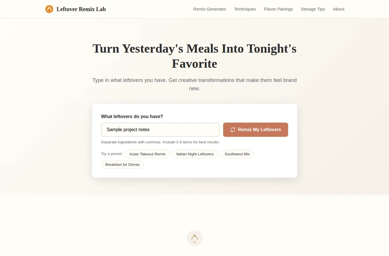 Screenshot of Leftover Remix Lab interface showing the project page in use